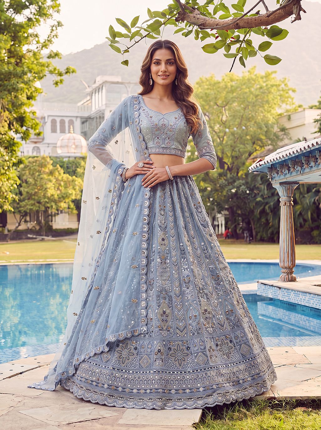 Sky Pure Soft Heavy Net Fancy Embroidery Work Bridal Lehenga Choli