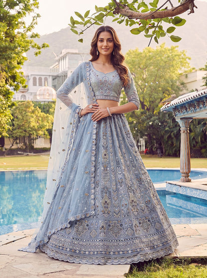 Sky Pure Soft Heavy Net Fancy Embroidery Work Bridal Lehenga Choli