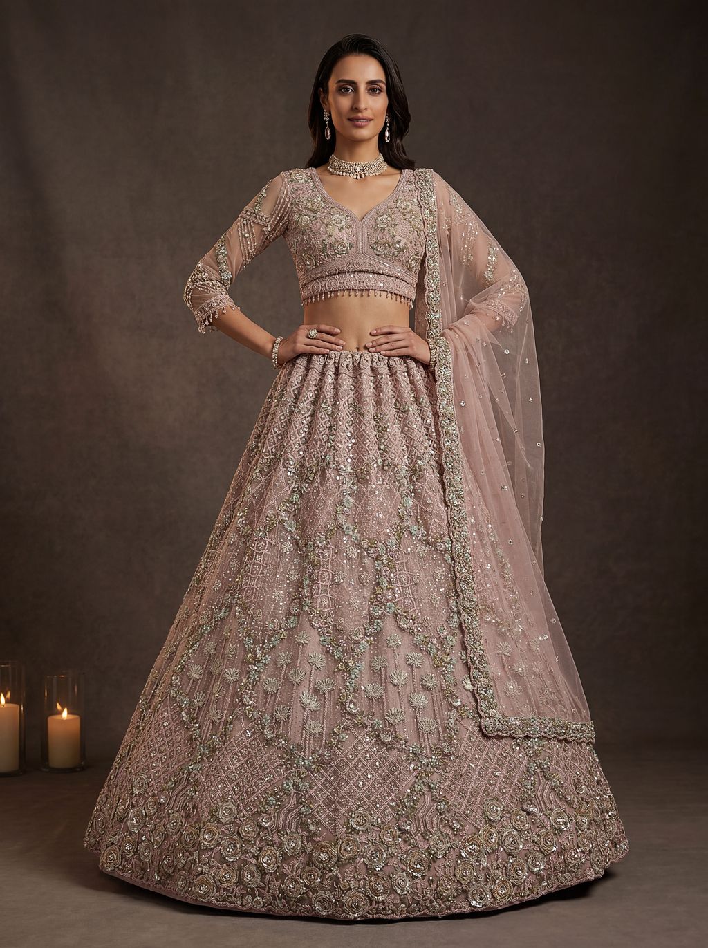 Peach Pink Pure Soft Heavy Double Net Crafted Fancy Chapat Zari Work Bridal Lehenga Choli