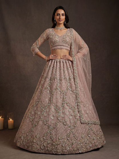 Peach Pink Pure Soft Heavy Double Net Crafted Fancy Chapat Zari Work Bridal Lehenga Choli