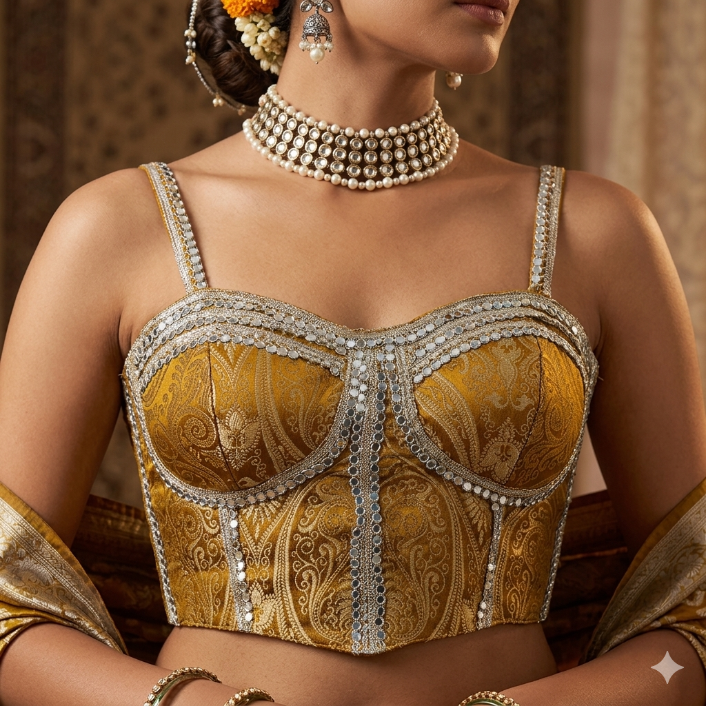 Mustard Pure Heavy Banarasi With Real Mirror Work Bridal Blouse