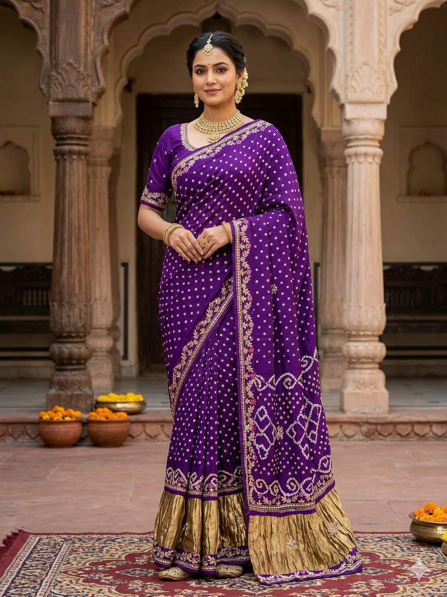 Purple Pure Gaji Silk Original Bandhani With Gota Pati Hand Work Gajji Silk Saree