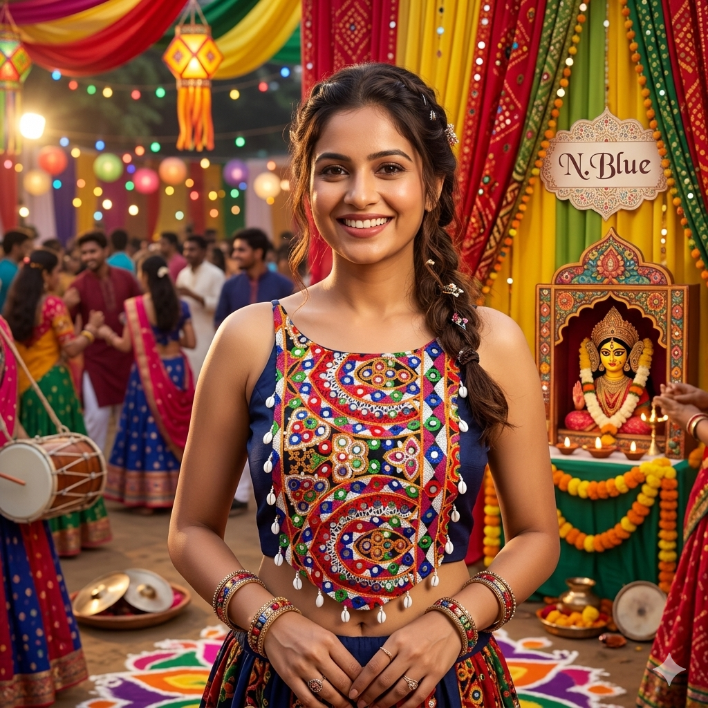 Navy Blue Pure Soft Cotton Thread with Kaudi Hand Mirror Work Navratri Blouse