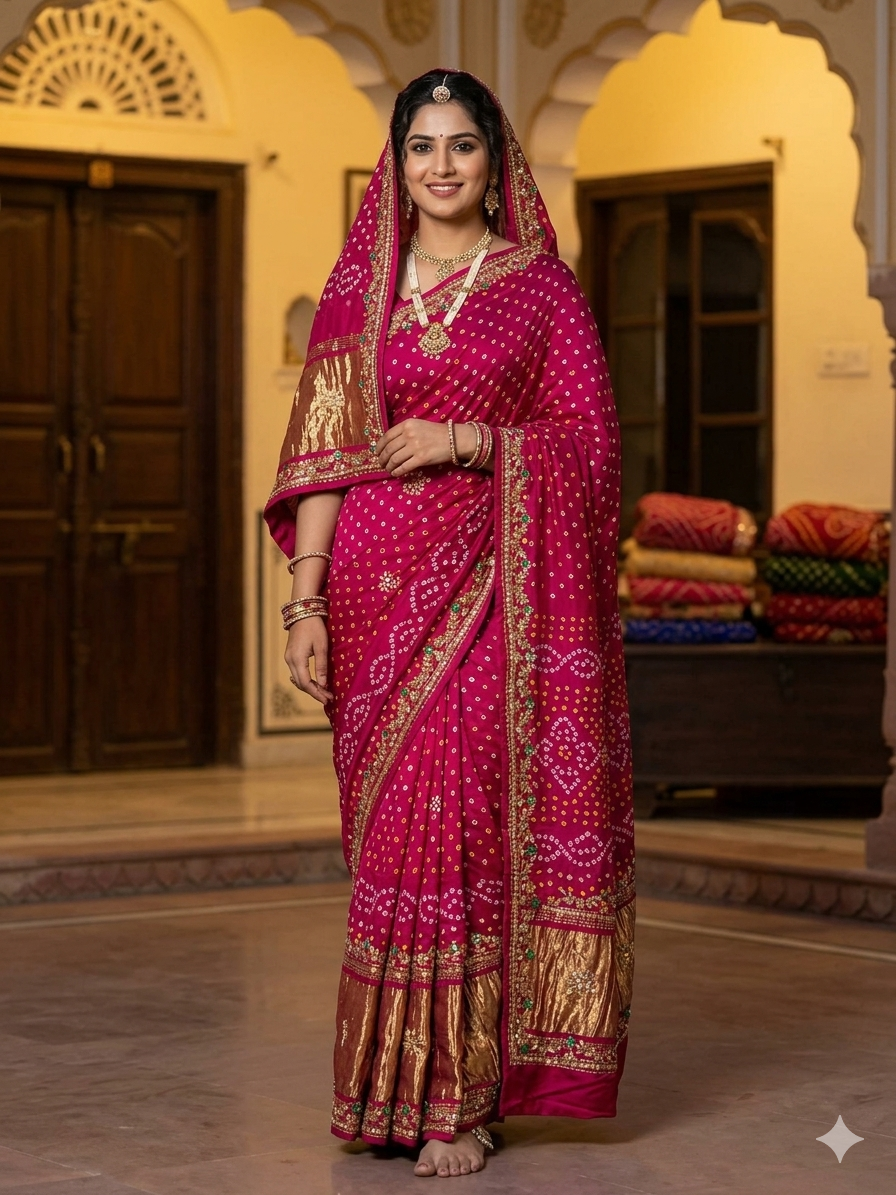 Rani Pure Gaji Silk Original Bandhani With Gota Pati Hand Work Gajji Silk Saree