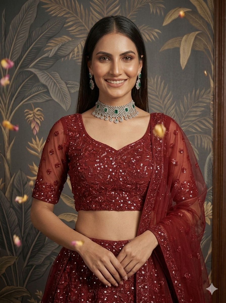 Red Pure Heavy Net Monochrome Sequins Zari Embroidery Work Net Bridal Lehenga Choli