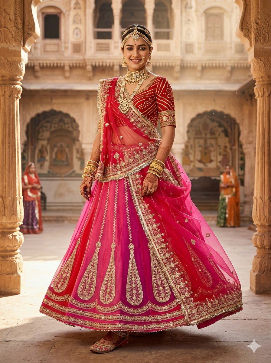 Magenta Pure Semi Georgette Lahariya Print Gotta Patti Rajasthani Rajputi Lehenga Choli