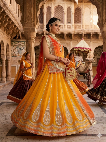 Yellow Pure Semi Georgette Lahariya Print Gotta Patti Rajasthani Rajputi Lehenga Choli