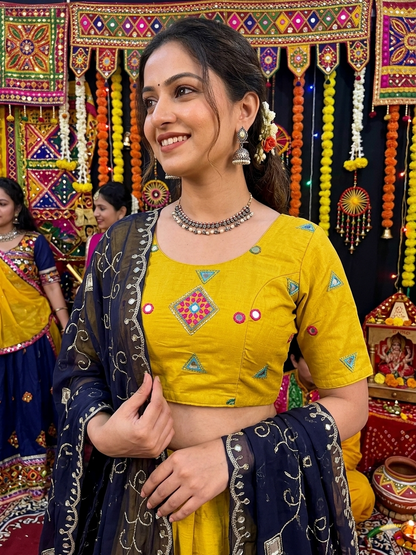 Yellow Pure Roman silk Embroidery sequin Work Navratri Lehenga Choli