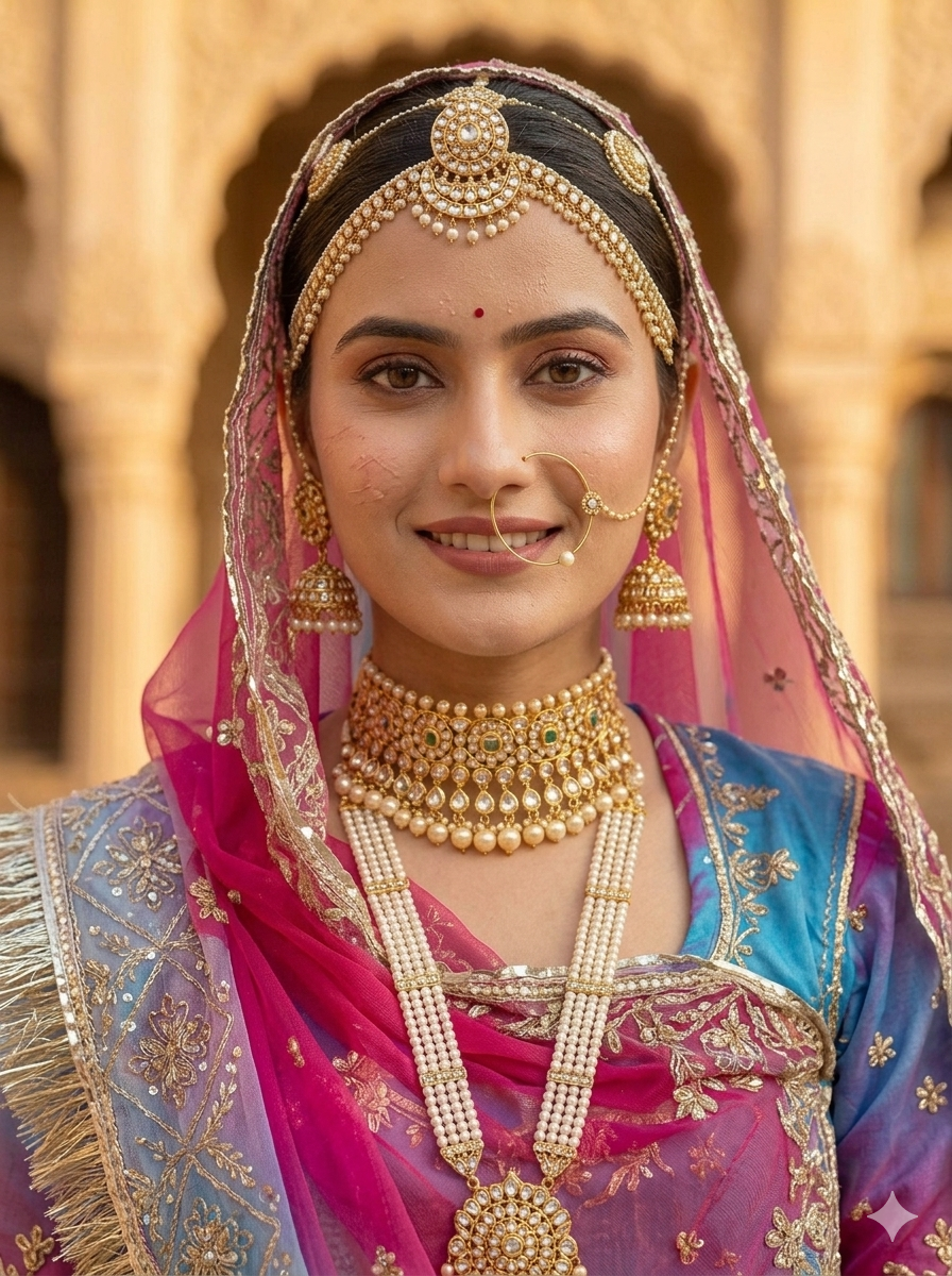 Magenta &amp; Pink Pure Georgette Lahariya Print 16 Kali Flair With Gotta Patti Rajasthani Rajputi Lehenga Choli