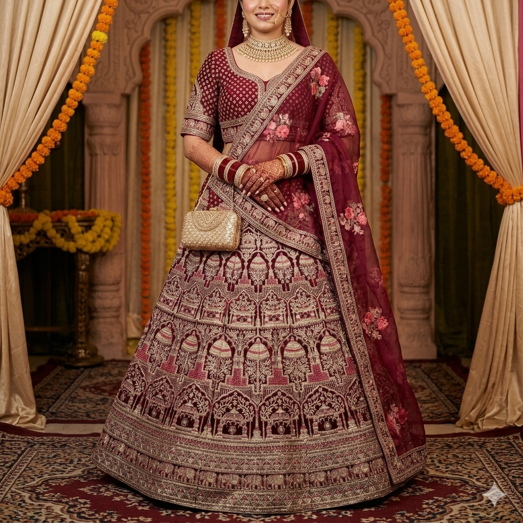 Maroon Pure Soft Velvet Heavy Embroidery Patch Work Bridal Lehenga
