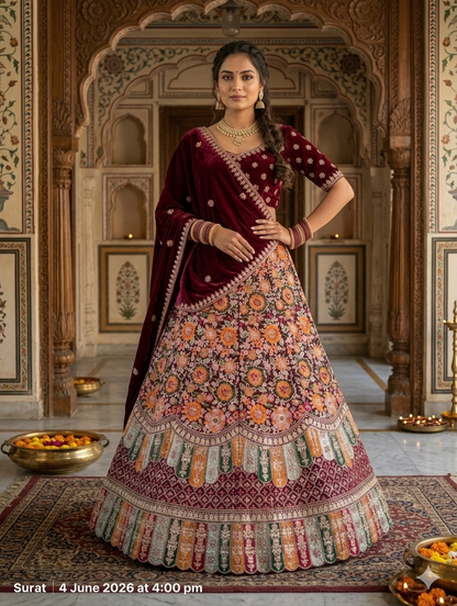 Maroon Pure Soft Velvet Heavy Embroidery Patch Work Bridal Lehenga Choli
