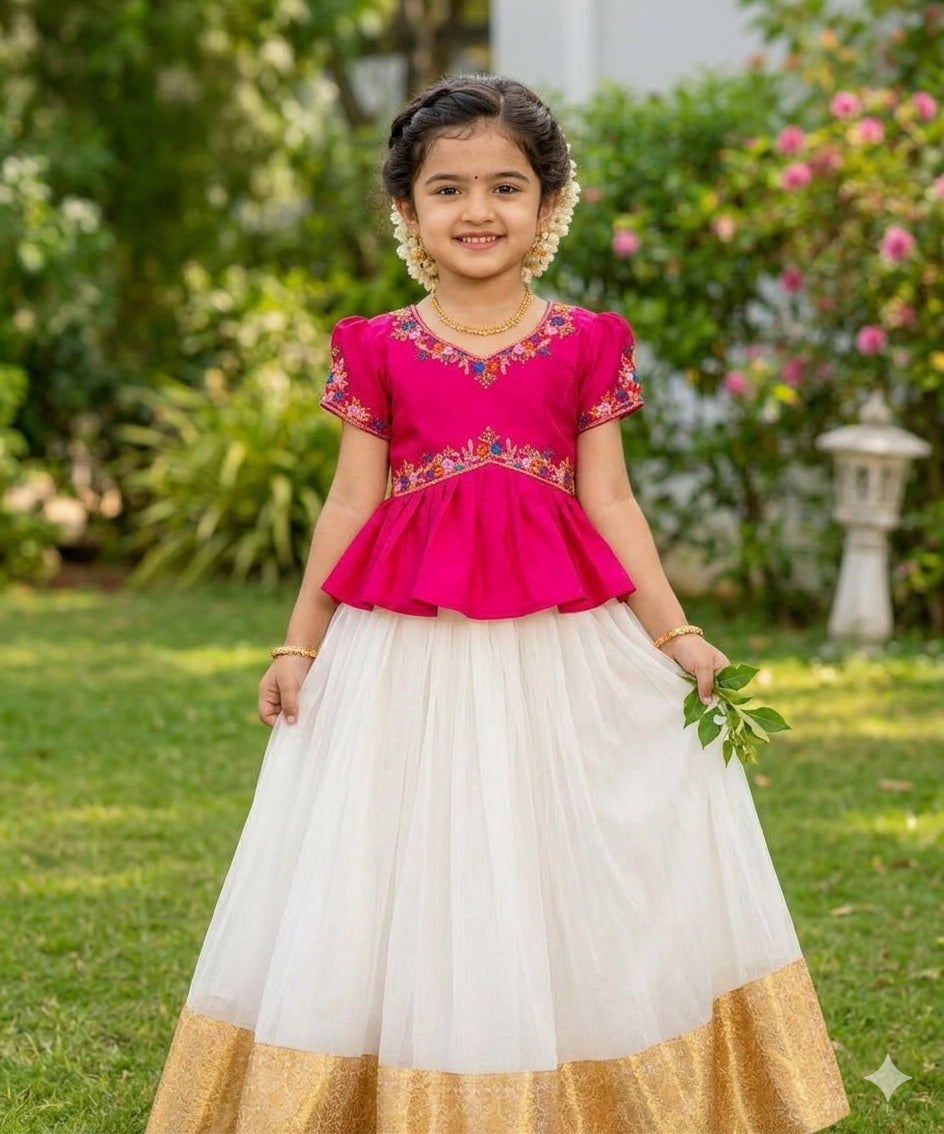 Pink Pure Chinnon Silk Floral Embroidery Work Kids Lehenga Choli