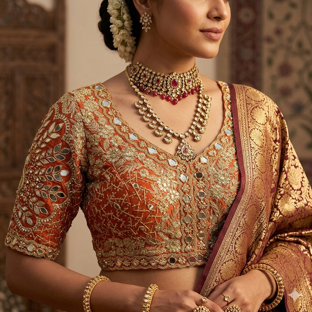 Rust Pure Heavy Jari Sequence Peacock Real Mirror Work Bridal Blouse
