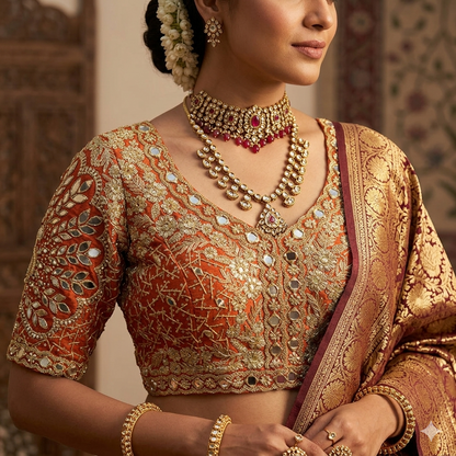 Rust Pure Heavy Jari Sequence Peacock Real Mirror Work Bridal Blouse