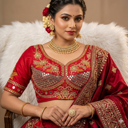 Red Pure Heavy Real Mirror Thread &amp; Kaudi Wok Bridal Blouse