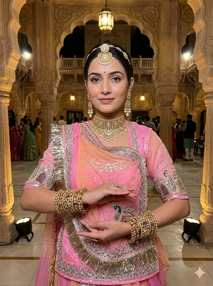Pink Pure Gold Crush 06 Mtr Flair Lehariya Chunni Rajasthani Rajputi Lehenga Choli
