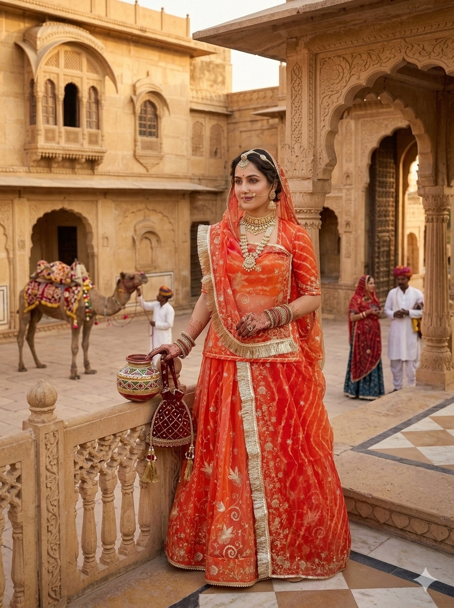 Orange Pure Semi Georgette Gotta Patti Rajasthani Rajputi Lehenga Choli