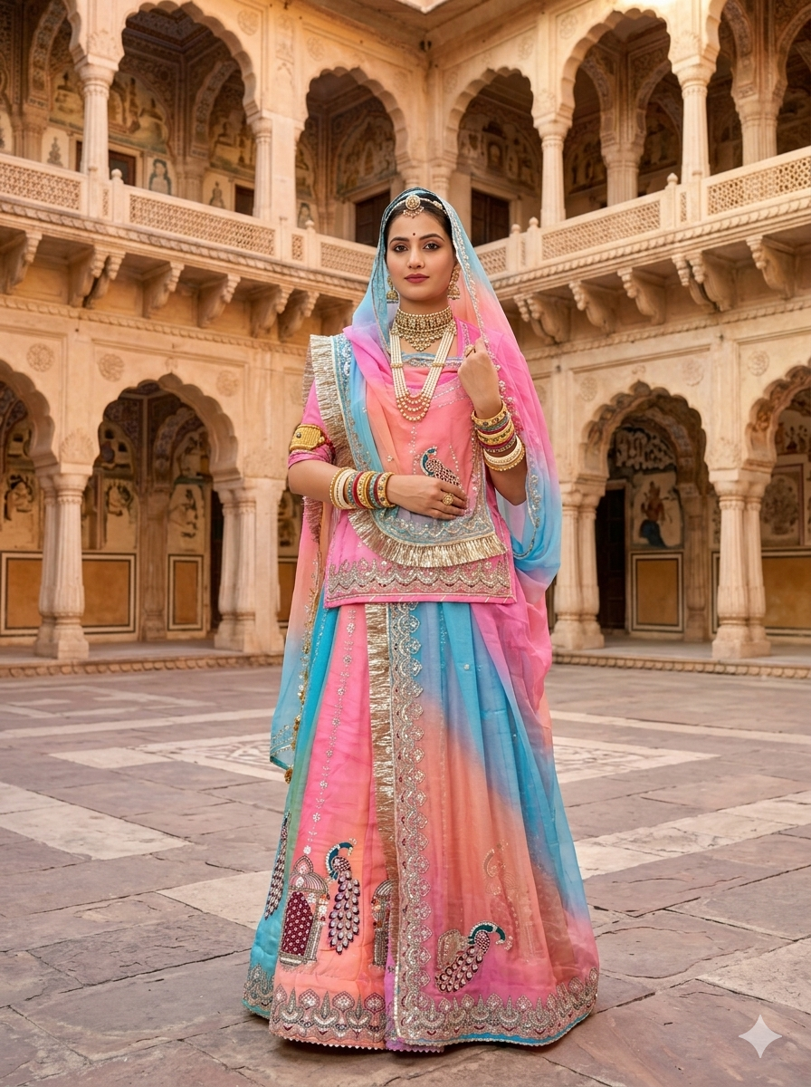 Multi Pure Gold Crush 06 Mtr Flair Lehariya Chunni Rajasthani Rajputi Lehenga Choli