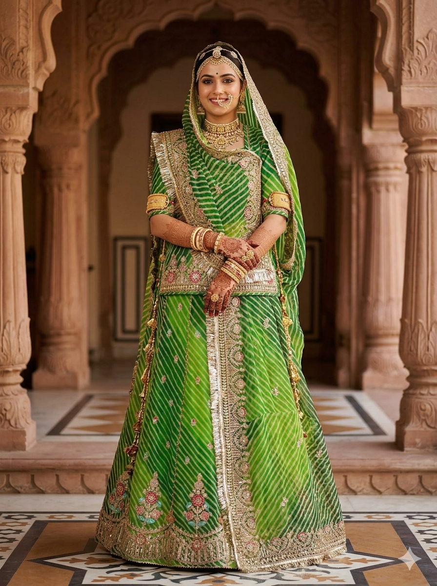 Green Pure Georgette Lahariya Print 05 Mte Flair With Gotta Patti Rajasthani Rajputi Lehenga Choli