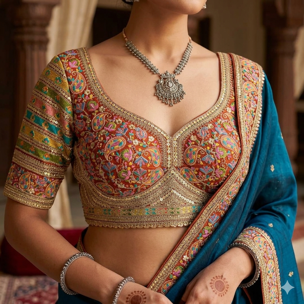 Rust Pure Fox Georgette Kashmiri Work Sabyasachi Inspired Bridal Blouse