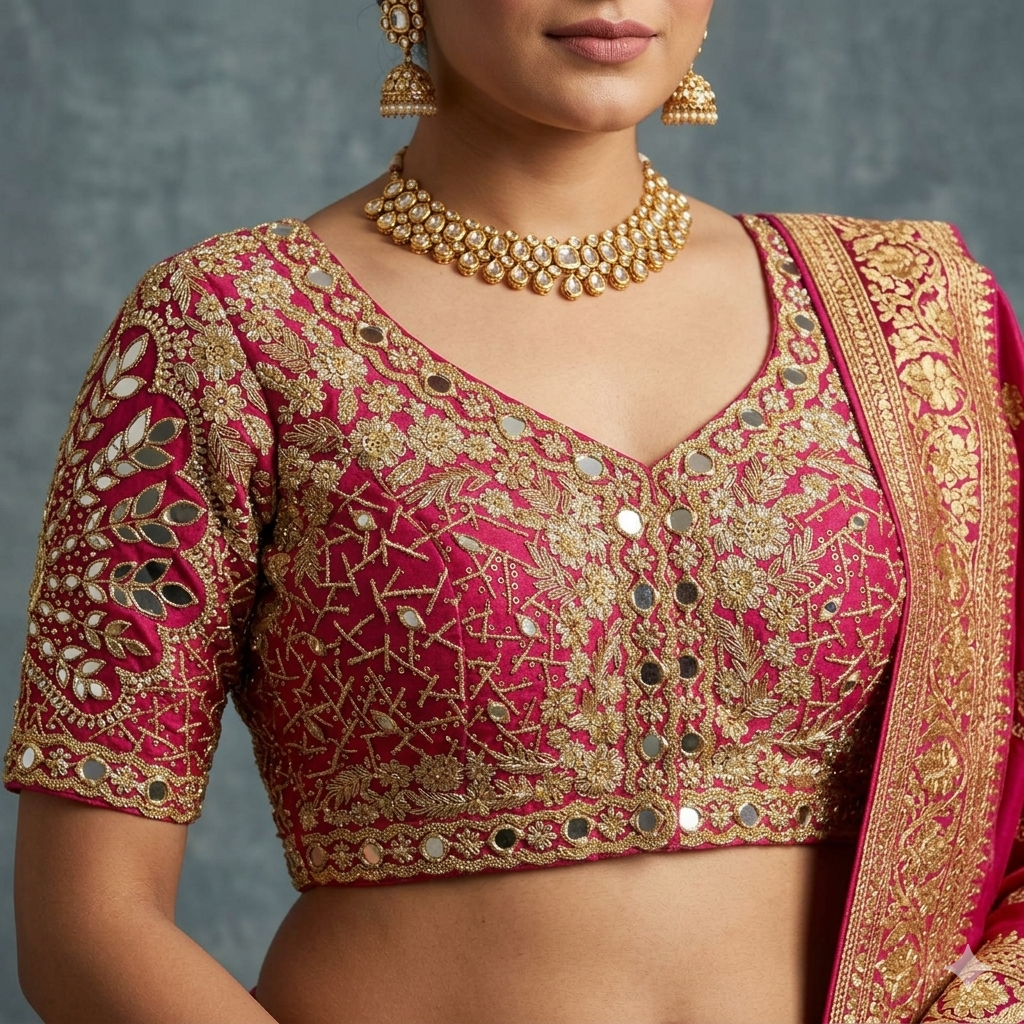 Rani Pure Heavy Jari Sequence Peacock Real Mirror Work Bridal Blouse