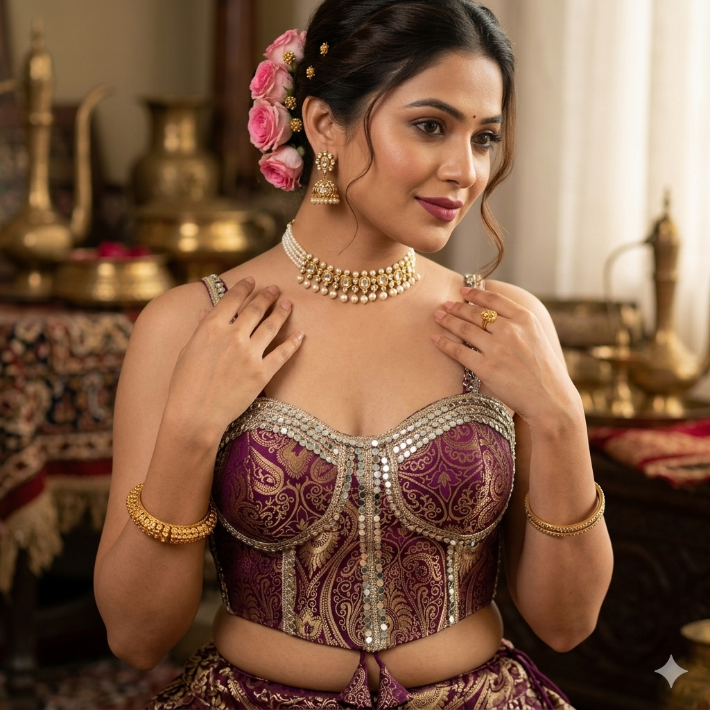 Wine Pure Heavy Banarasi With Real Mirror Work Bridal Blouse
