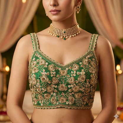 Green Pure Soft Heavy Beads &amp; Sequence Jari Work Navratri Blouse