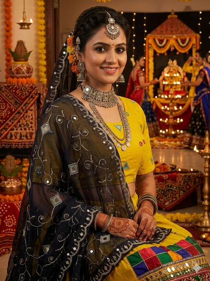 Yellow Pure Roman silk Embroidery sequin Work Navratri Lehenga Choli
