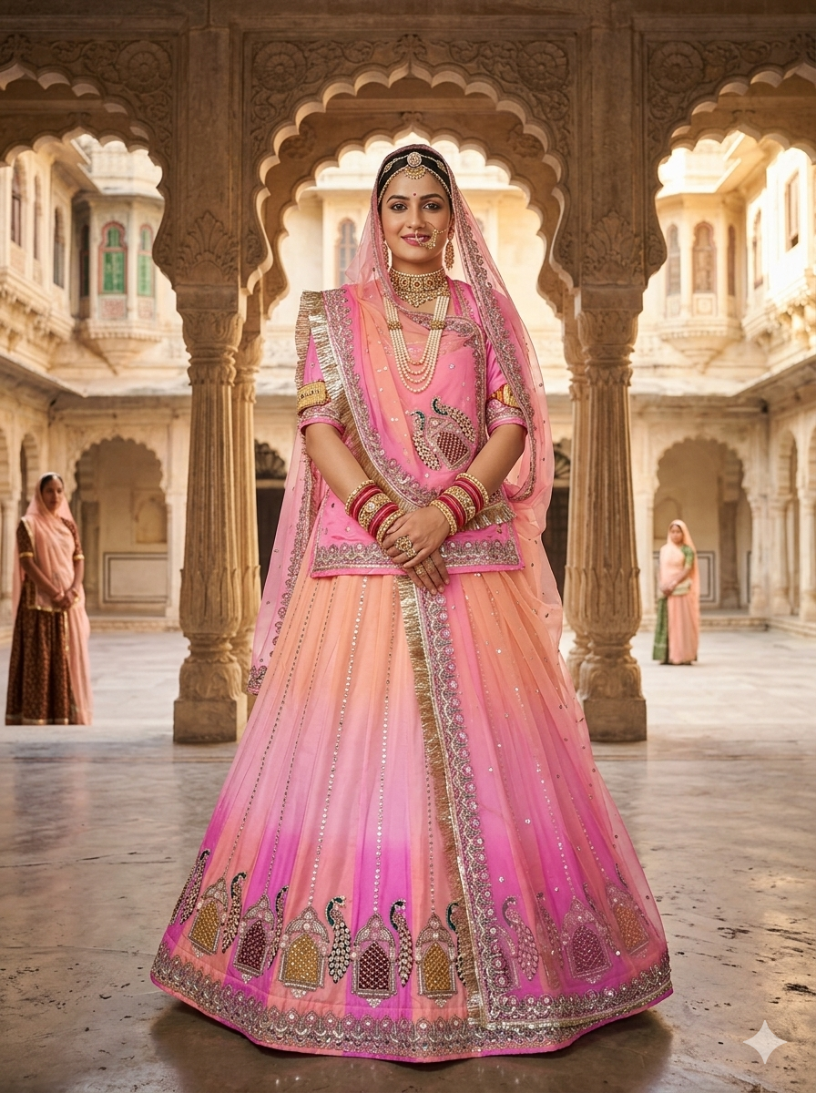 Pink Pure Gold Crush 06 Mtr Flair Lehariya Chunni Rajasthani Rajputi Lehenga Choli