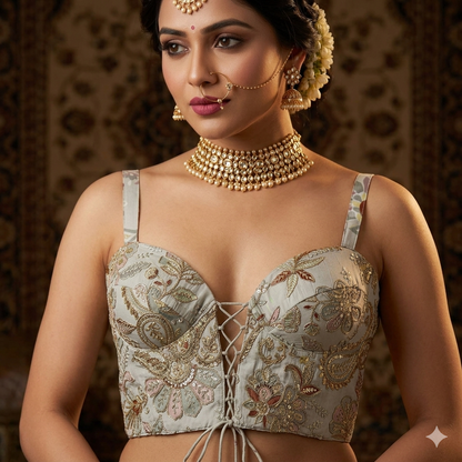 Grey Pure Heavy Banarasi Position Work Corset Style Blouse