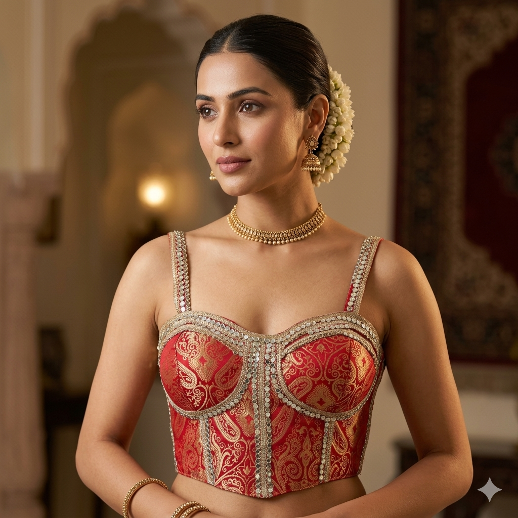 Red Pure Heavy Banarasi With Real Mirror Work Bridal Blouse