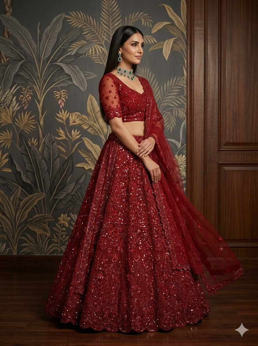 Red Pure Heavy Net Monochrome Sequins Zari Embroidery Work Net Bridal Lehenga Choli