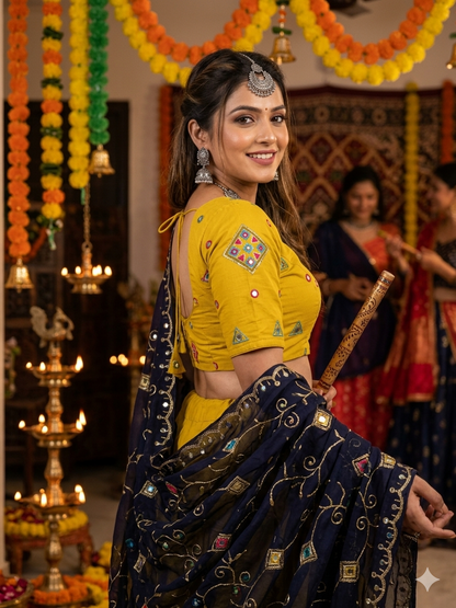 Yellow Pure Roman silk Embroidery sequin Work Navratri Lehenga Choli