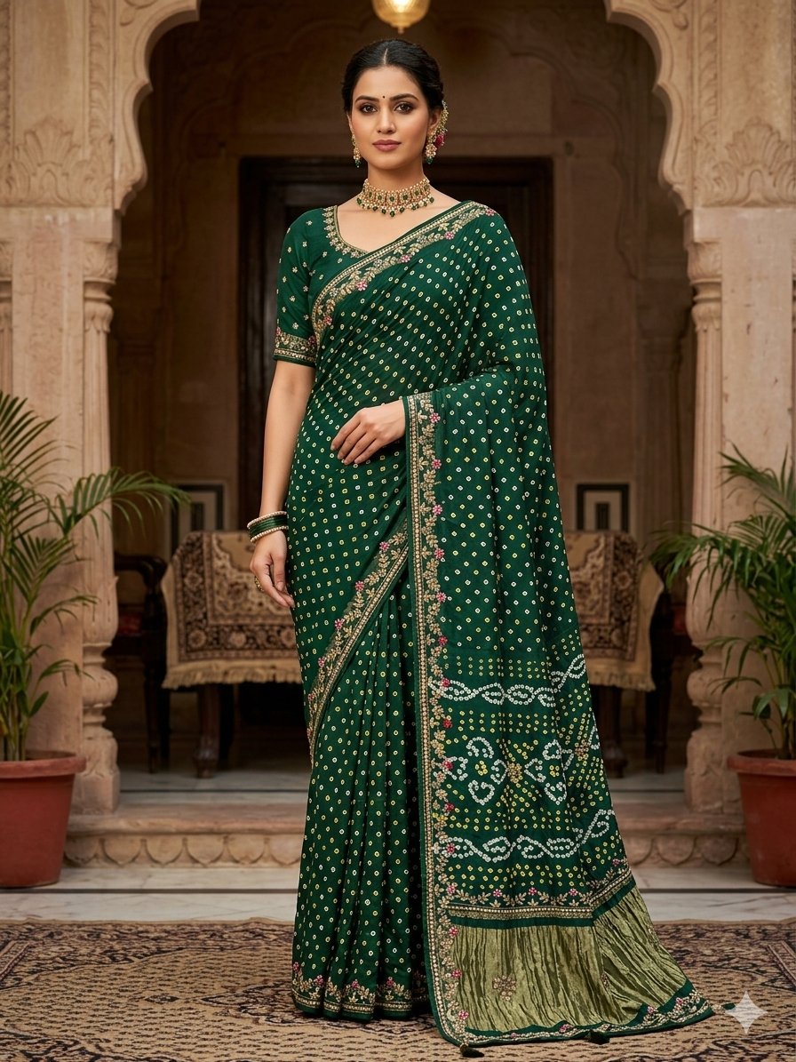 Green Pure Gaji Silk Original Bandhani With Gota Pati Hand Work Gajji Silk Saree