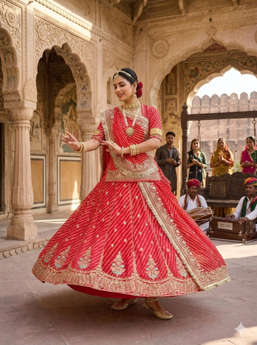 Red Pure Georgette Lahariya Print 05 Mte Flair With Gotta Patti Rajasthani Rajputi Lehenga Choli