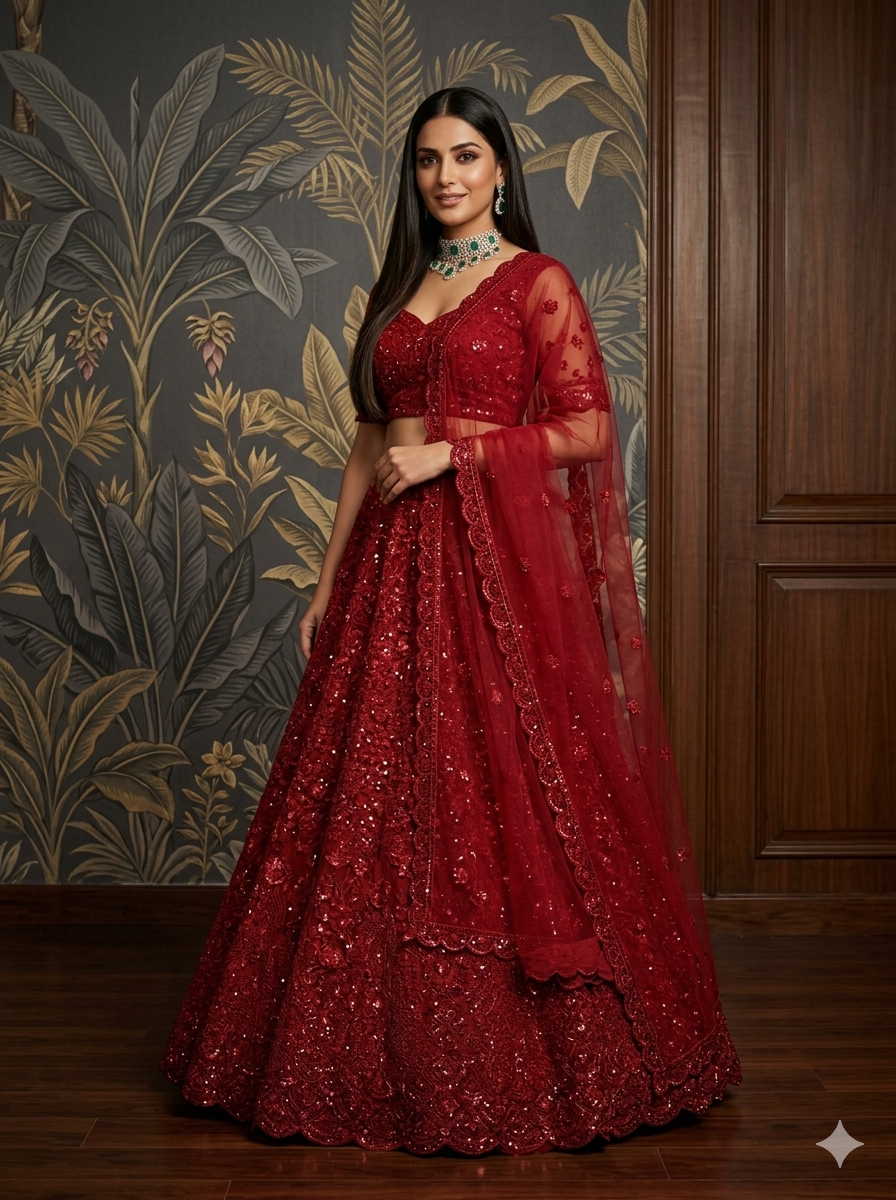Red Pure Heavy Net Monochrome Sequins Zari Embroidery Work Net Bridal Lehenga Choli