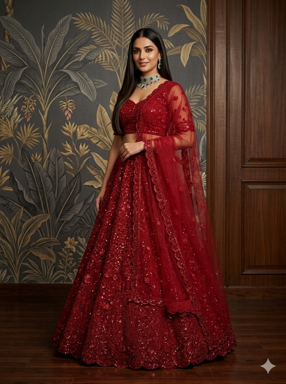 Red Pure Heavy Net Monochrome Sequins Zari Embroidery Work Net Bridal Lehenga Choli