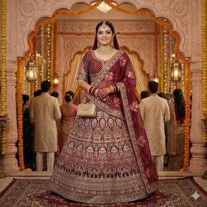 Maroon Pure Soft Velvet Heavy Embroidery Patch Work Bridal Lehenga