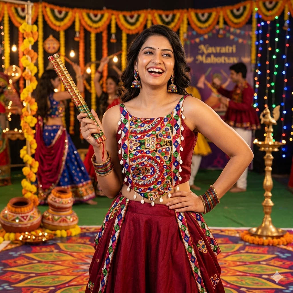 Maroon Pure Soft Cotton Thread with Kaudi Hand Mirror Work Navratri Blouse