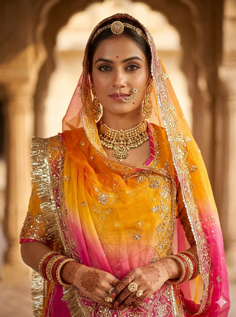 Yellow &amp; Orange Pure Georgette Lahariya Print 16 Kali Flair With Gotta Patti Rajasthani Rajputi Lehenga Choli