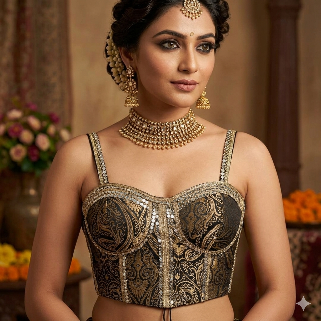 Black Pure Heavy Banarasi With Real Mirror Work Bridal Blouse