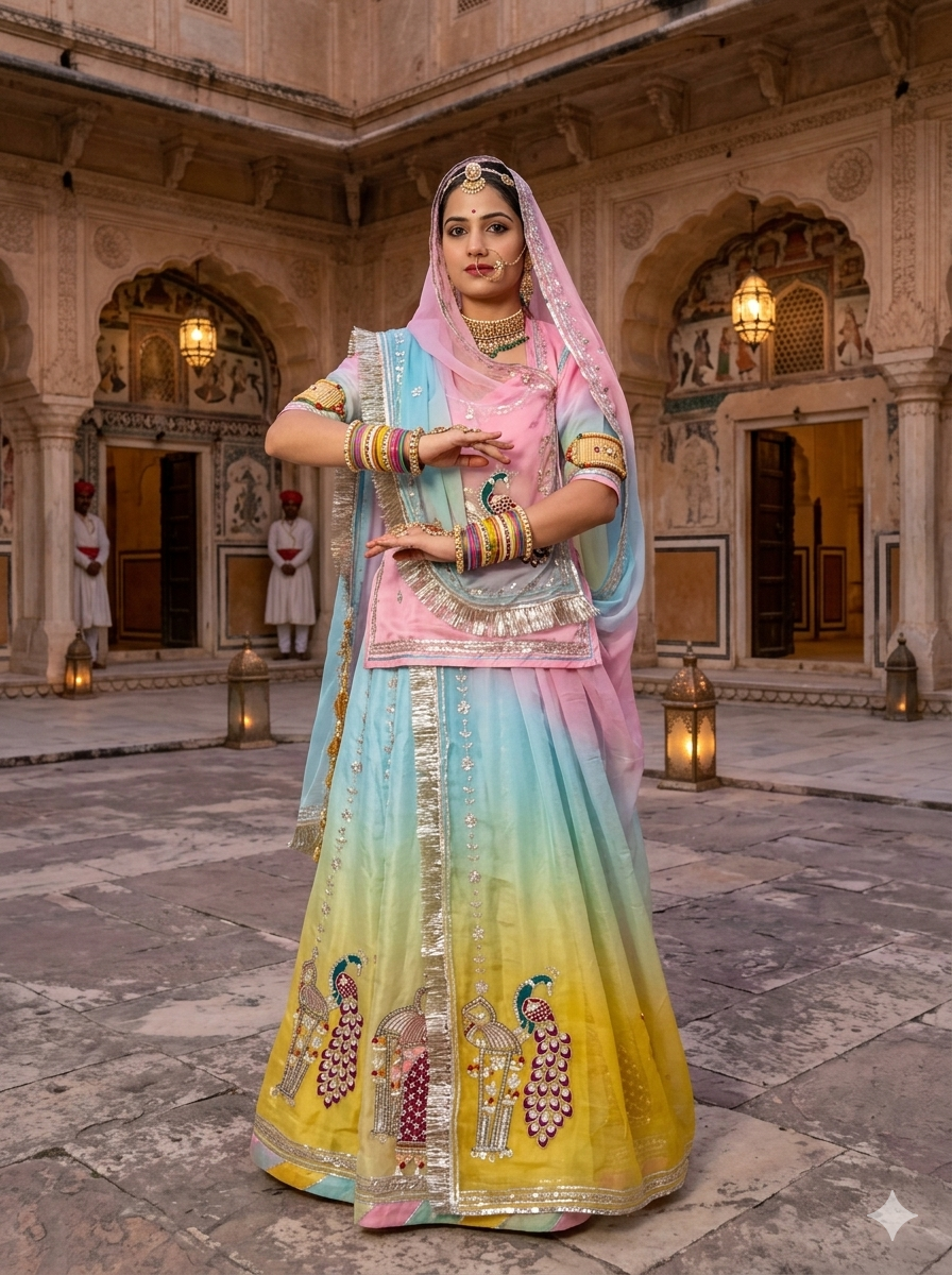 Sky Pure Gold Crush 06 Mtr Flair Lehariya Chunni Rajasthani Rajputi Lehenga Choli