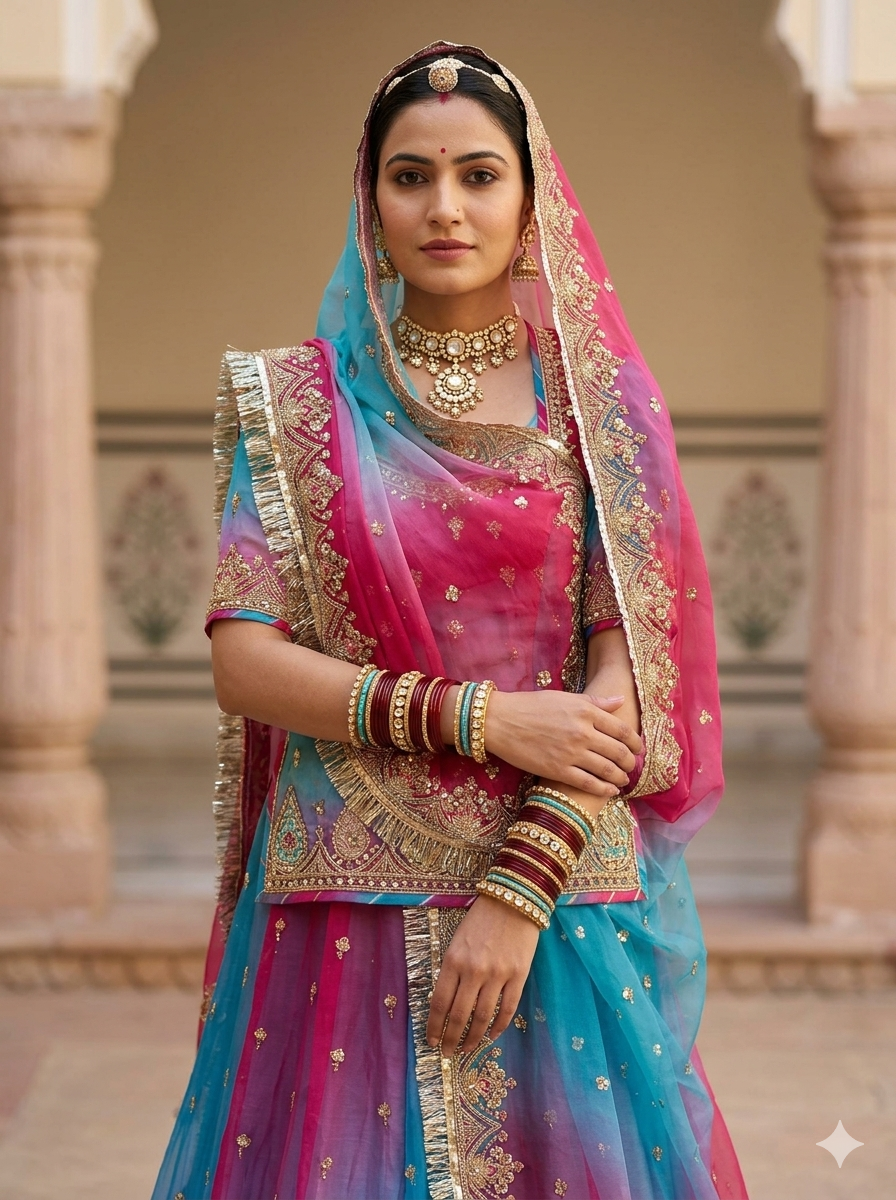Blue Pure Georgette Lahariya Print 16 Kali Flair With Gotta Patti Rajasthani Rajputi Lehenga Choli