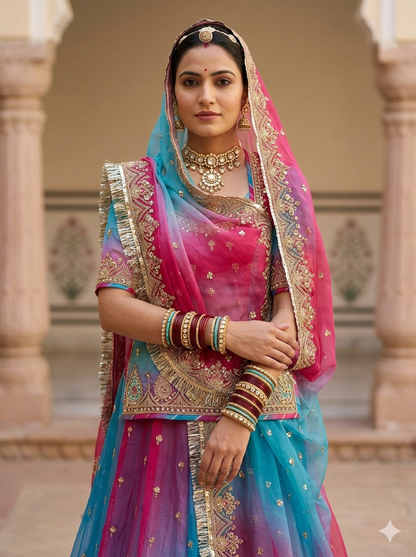 Blue Pure Georgette Lahariya Print 16 Kali Flair With Gotta Patti Rajasthani Rajputi Lehenga Choli