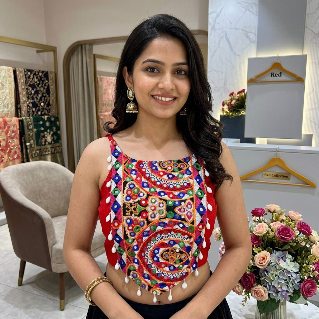 Red Pure Soft Cotton Thread with Kaudi Hand Mirror Work Navratri Blouse