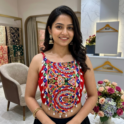 Red Pure Soft Cotton Thread with Kaudi Hand Mirror Work Navratri Blouse