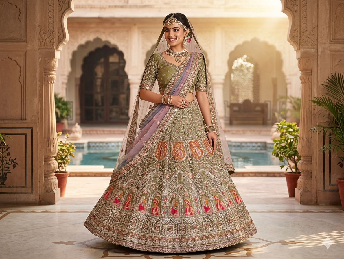 Mehandi Pure Soft Velvet Heavy Embroidery Patch Work Bridal Lehenga Choli