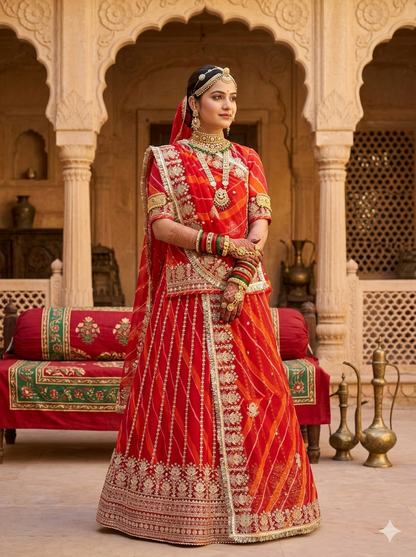 Red Pure Semi Georgette Lahariya Print Gotta Patti Rajasthani Rajputi Lehenga Choli