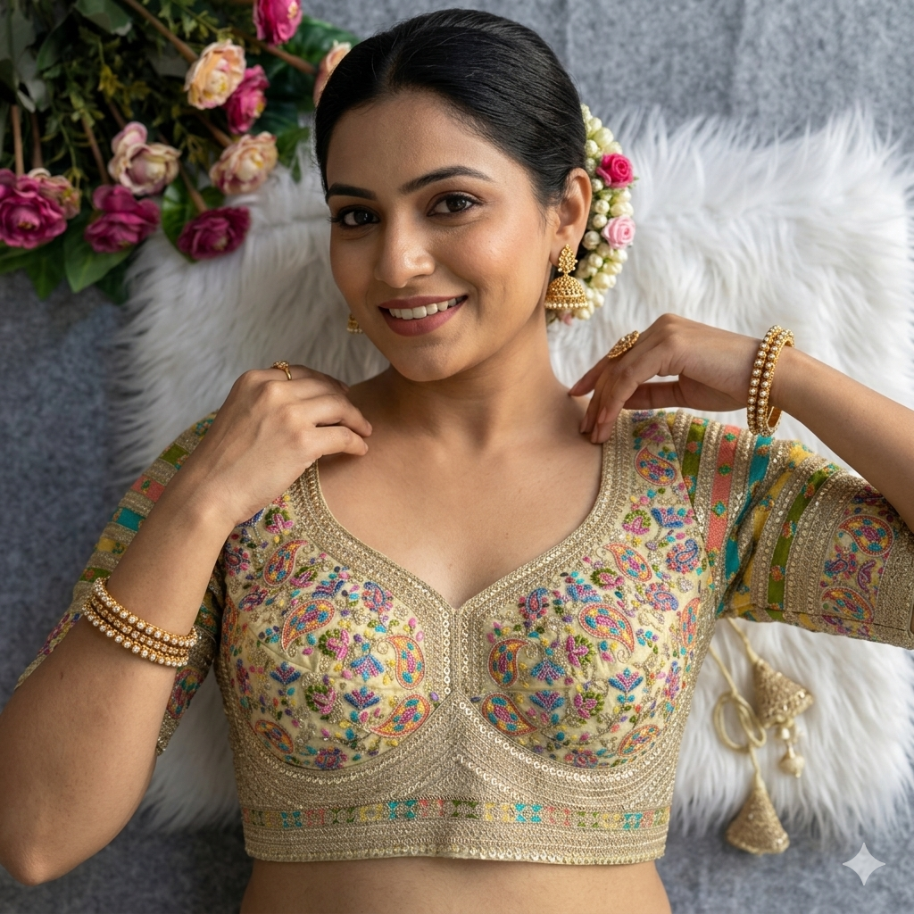 Gold Pure Fox Georgette Kashmiri Work Sabyasachi Inspired Bridal Blouse