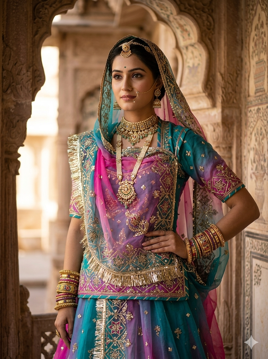 Magenta Pink Pure Georgette Lahariya Print 16 Kali Flair With Gotta Patti Rajasthani Rajputi Lehenga Choli